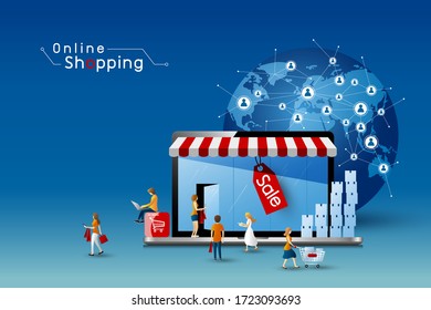 Online shopping design of notebook computer and people with global network connection vector illustration