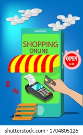 Online shopping design with smartphone  on blue background