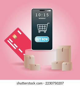 Ilustración vectorial de diseño de compras en línea, smartphone en la pantalla muestra el botón para pagar por productos con fondo de color rosa brillante.