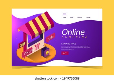 Plantilla web de diseño de compras en línea. Compras por Internet. Compra a través del ordenador residencial, gadget de teléfono. Ecommerce financiero. Concepto de mercado web. Pago digital. Servicio de pedido electrónico. Vector.