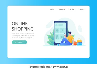 Plantilla web de diseño de compras en línea. Compras por Internet. Compra a través del ordenador residencial, gadget de teléfono. Ecommerce financiero. Concepto de mercado web. Pago digital. Servicio de pedido electrónico. Vector.