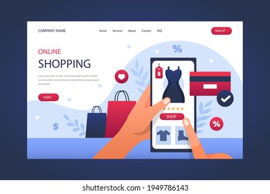 Online shopping design web template. Internet shopping. Purchase via home computer, phone gadget. Ecommerce financial. Web market concept. Digital payment. Electronic order service. Vector.