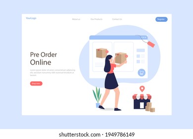 Plantilla web de diseño de compras en línea. Compras por Internet. Compra a través del ordenador residencial, gadget de teléfono. Ecommerce financiero. Concepto de mercado web. Pago digital. Servicio de pedido electrónico. Vector.