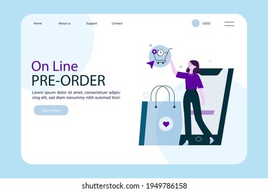 Plantilla web de diseño de compras en línea. Compras por Internet. Compra a través del ordenador residencial, gadget de teléfono. Ecommerce financiero. Concepto de mercado web. Pago digital. Servicio de pedido electrónico. Vector.
