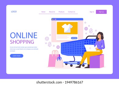 Plantilla web de diseño de compras en línea. Compras por Internet. Compra a través del ordenador residencial, gadget de teléfono. Ecommerce financiero. Concepto de mercado web. Pago digital. Servicio de pedido electrónico. Vector.