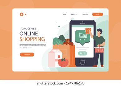 Plantilla web de diseño de compras en línea. Compras por Internet. Compra a través del ordenador residencial, gadget de teléfono. Ecommerce financiero. Concepto de mercado web. Pago digital. Servicio de pedido electrónico. Vector.