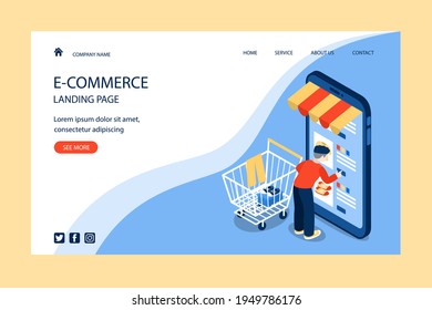Online shopping design web template. Internet shopping. Purchase via home computer, phone gadget. Ecommerce financial. Web market concept. Digital payment. Electronic order service. Vector.