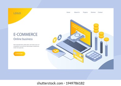Plantilla web de diseño de compras en línea. Compras por Internet. Compra a través del ordenador residencial, gadget de teléfono. Ecommerce financiero. Concepto de mercado web. Pago digital. Servicio de pedido electrónico. Vector.