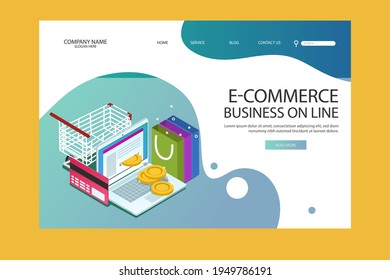 Plantilla web de diseño de compras en línea. Compras por Internet. Compra a través del ordenador residencial, gadget de teléfono. Ecommerce financiero. Concepto de mercado web. Pago digital. Servicio de pedido electrónico. Vector.