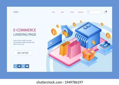 Online shopping design web template. Internet shopping. Purchase via home computer, phone gadget. Ecommerce financial. Web market concept. Digital payment. Electronic order service. Vector.