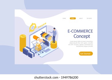Online shopping design web template. Internet shopping. Purchase via home computer, phone gadget. Ecommerce financial. Web market concept. Digital payment. Electronic order service. Vector.