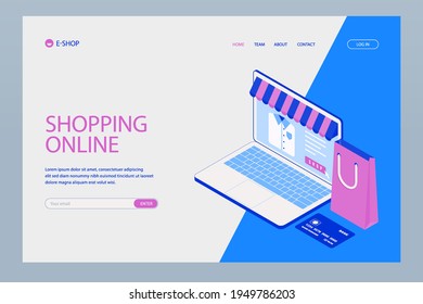 Plantilla web de diseño de compras en línea. Compras por Internet. Compra a través del ordenador residencial, gadget de teléfono. Ecommerce financiero. Concepto de mercado web. Pago digital. Servicio de pedido electrónico. Vector.