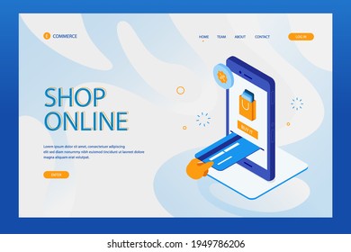 Online shopping design web template. Internet shopping. Purchase via home computer, phone gadget. Ecommerce financial. Web market concept. Digital payment. Electronic order service. Vector.