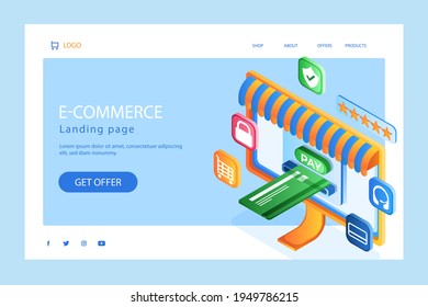 Online-Shopping Design Web-Vorlage. Internet-Shopping. Kaufen Sie über Home-Computer, Telefon-Gadget. E-Commerce Financial. Konzept des Webmarktes. Digitale Zahlung. Elektronischer Bestelldienst. Vektorgrafik.