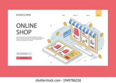 Online shopping design web template. Internet shopping. Purchase via home computer, phone gadget. Ecommerce financial. Web market concept. Digital payment. Electronic order service. Vector.