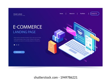 Online shopping design web template. Internet shopping. Purchase via home computer, phone gadget. Ecommerce financial. Web market concept. Digital payment. Electronic order service. Vector.