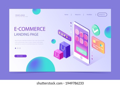 Online shopping design web template. Internet shopping. Purchase via home computer, phone gadget. Ecommerce financial. Web market concept. Digital payment. Electronic order service. Vector.