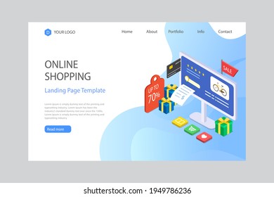 Online-Shopping Design Web-Vorlage. Internet-Shopping. Kaufen Sie über Home-Computer, Telefon-Gadget. E-Commerce Financial. Konzept des Webmarktes. Digitale Zahlung. Elektronischer Bestelldienst. Vektorgrafik.