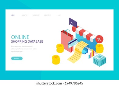 Online shopping design web template. Internet shopping. Purchase via home computer, phone gadget. Ecommerce financial. Web market concept. Digital payment. Electronic order service. Vector.