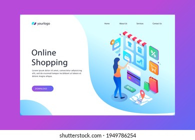 Online shopping design web template. Internet shopping. Purchase via home computer, phone gadget. Ecommerce financial. Web market concept. Digital payment. Electronic order service. Vector.