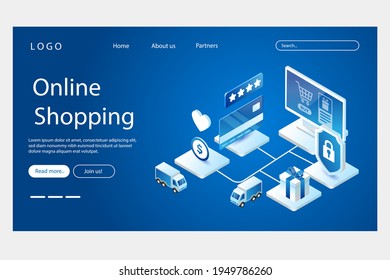 Plantilla web de diseño de compras en línea. Compras por Internet. Compra a través del ordenador residencial, gadget de teléfono. Ecommerce financiero. Concepto de mercado web. Pago digital. Servicio de pedido electrónico. Vector.