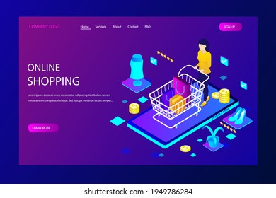 Online shopping design web template. Internet shopping. Purchase via home computer, phone gadget. Ecommerce financial. Web market concept. Digital payment. Electronic order service. Vector.