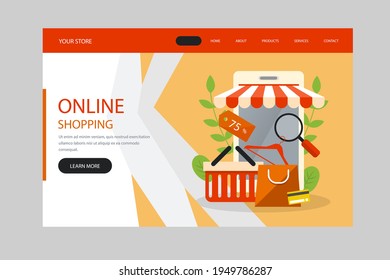 Plantilla web de diseño de compras en línea. Compras por Internet. Compra a través del ordenador residencial, gadget de teléfono. Ecommerce financiero. Concepto de mercado web. Pago digital. Servicio de pedido electrónico. Vector.