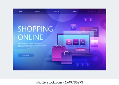 Online shopping design web template. Internet shopping. Purchase via home computer, phone gadget. Ecommerce financial. Web market concept. Digital payment. Electronic order service. Vector.