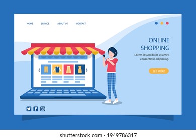 Online shopping design web template. Internet shopping. Purchase via home computer, phone gadget. Ecommerce financial. Web market concept. Digital payment. Electronic order service. Vector.