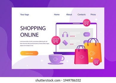 Online shopping design web template. Internet shopping. Purchase via home computer, phone gadget. Ecommerce financial. Web market concept. Digital payment. Electronic order service. Vector.