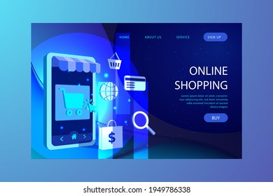 Online shopping design web template. Internet shopping. Purchase via home computer, phone gadget. Ecommerce financial. Web market concept. Digital payment. Electronic order service. Vector.