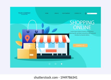 Plantilla web de diseño de compras en línea. Compras por Internet. Compra a través del ordenador residencial, gadget de teléfono. Ecommerce financiero. Concepto de mercado web. Pago digital. Servicio de pedido electrónico. Vector.