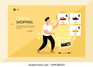 Online shopping design web template. Internet shopping. Purchase via home computer, phone gadget. Ecommerce financial. Web market concept. Digital payment. Electronic order service. Vector.
