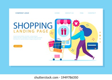 Online shopping design web template. Internet shopping. Purchase via home computer, phone gadget. Ecommerce financial. Web market concept. Digital payment. Electronic order service. Vector.