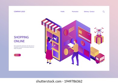 Plantilla web de diseño de compras en línea. Compras por Internet. Compra a través del ordenador residencial, gadget de teléfono. Ecommerce financiero. Concepto de mercado web. Pago digital. Servicio de pedido electrónico. Vector.