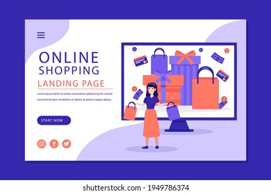 Online-Shopping Design Web-Vorlage. Internet-Shopping. Kaufen Sie über Home-Computer, Telefon-Gadget. E-Commerce Financial. Konzept des Webmarktes. Digitale Zahlung. Elektronischer Bestelldienst. Vektorgrafik.