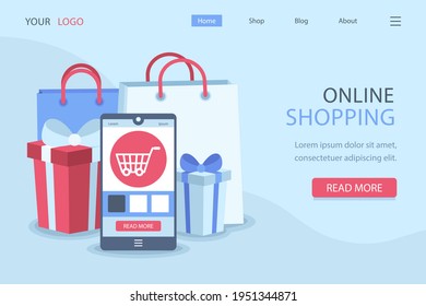 Plantilla web de diseño de compras en línea. Compras por Internet. Compra a través del ordenador residencial, gadget de teléfono. Ecommerce financiero. Concepto de mercado web. Pago digital. Servicio de pedido electrónico. Vector.