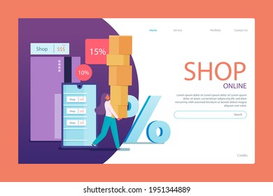 Plantilla web de diseño de compras en línea. Compras por Internet. Compra a través del ordenador residencial, gadget de teléfono. Ecommerce financiero. Concepto de mercado web. Pago digital. Servicio de pedido electrónico. Vector.