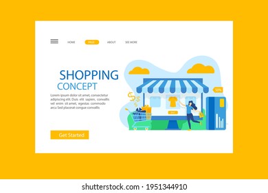 Plantilla web de diseño de compras en línea. Compras por Internet. Compra a través del ordenador residencial, gadget de teléfono. Ecommerce financiero. Concepto de mercado web. Pago digital. Servicio de pedido electrónico. Vector.