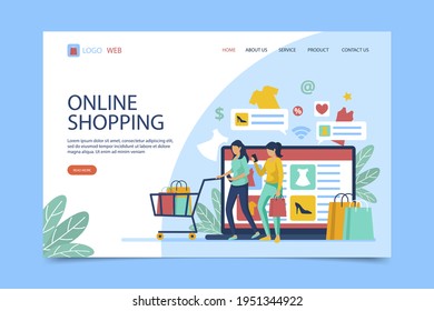 Plantilla web de diseño de compras en línea. Compras por Internet. Compra a través del ordenador residencial, gadget de teléfono. Ecommerce financiero. Concepto de mercado web. Pago digital. Servicio de pedido electrónico. Vector.