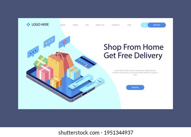 Online shopping design web template. Internet shopping. Purchase via home computer, phone gadget. Ecommerce financial. Web market concept. Digital payment. Electronic order service. Vector.