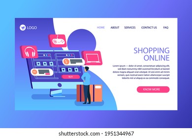 Plantilla web de diseño de compras en línea. Compras por Internet. Compra a través del ordenador residencial, gadget de teléfono. Ecommerce financiero. Concepto de mercado web. Pago digital. Servicio de pedido electrónico. Vector.