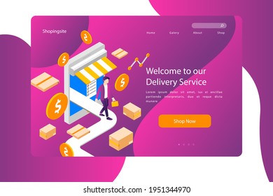 Plantilla web de diseño de compras en línea. Compras por Internet. Compra a través del ordenador residencial, gadget de teléfono. Ecommerce financiero. Concepto de mercado web. Pago digital. Servicio de pedido electrónico. Vector.