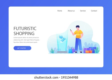 Plantilla web de diseño de compras en línea. Compras por Internet. Compra a través del ordenador residencial, gadget de teléfono. Ecommerce financiero. Concepto de mercado web. Pago digital. Servicio de pedido electrónico. Vector.