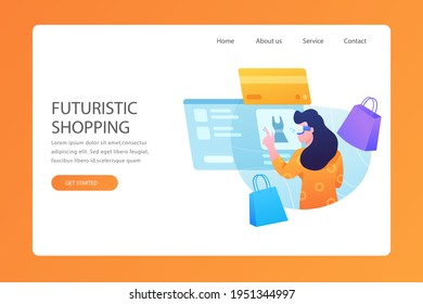 Plantilla web de diseño de compras en línea. Compras por Internet. Compra a través del ordenador residencial, gadget de teléfono. Ecommerce financiero. Concepto de mercado web. Pago digital. Servicio de pedido electrónico. Vector.