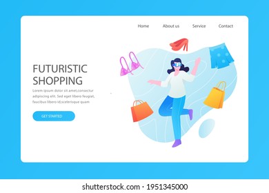 Plantilla web de diseño de compras en línea. Compras por Internet. Compra a través del ordenador residencial, gadget de teléfono. Ecommerce financiero. Concepto de mercado web. Pago digital. Servicio de pedido electrónico. Vector.