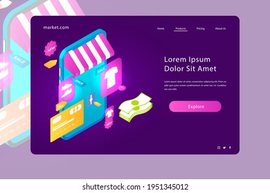 Online shopping design web template. Internet shopping. Purchase via home computer, phone gadget. Ecommerce financial. Web market concept. Digital payment. Electronic order service. Vector.