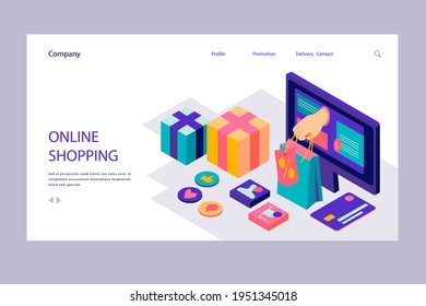 Plantilla web de diseño de compras en línea. Compras por Internet. Compra a través del ordenador residencial, gadget de teléfono. Ecommerce financiero. Concepto de mercado web. Pago digital. Servicio de pedido electrónico. Vector.