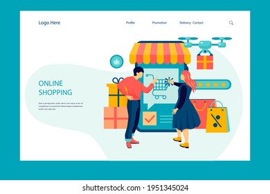 Online shopping design web template. Internet shopping. Purchase via home computer, phone gadget. Ecommerce financial. Web market concept. Digital payment. Electronic order service. Vector.