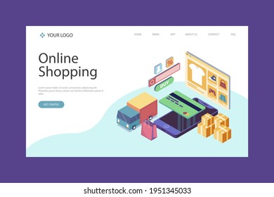 Online shopping design web template. Internet shopping. Purchase via home computer, phone gadget. Ecommerce financial. Web market concept. Digital payment. Electronic order service. Vector.